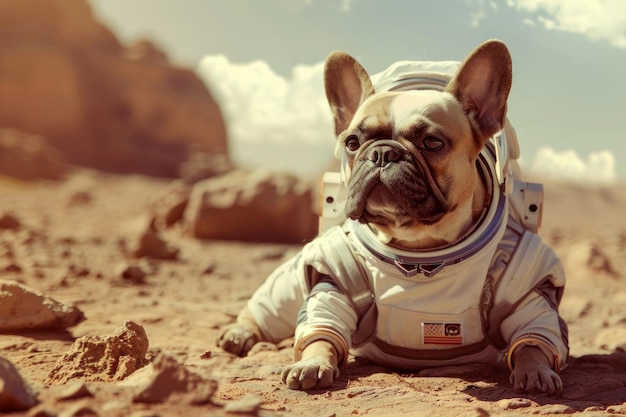 French bulldog on Mars in spacesuit