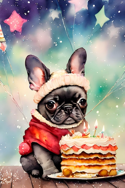 French bulldog puppy in a party hat with a birthday cake balloons confetti watercolor