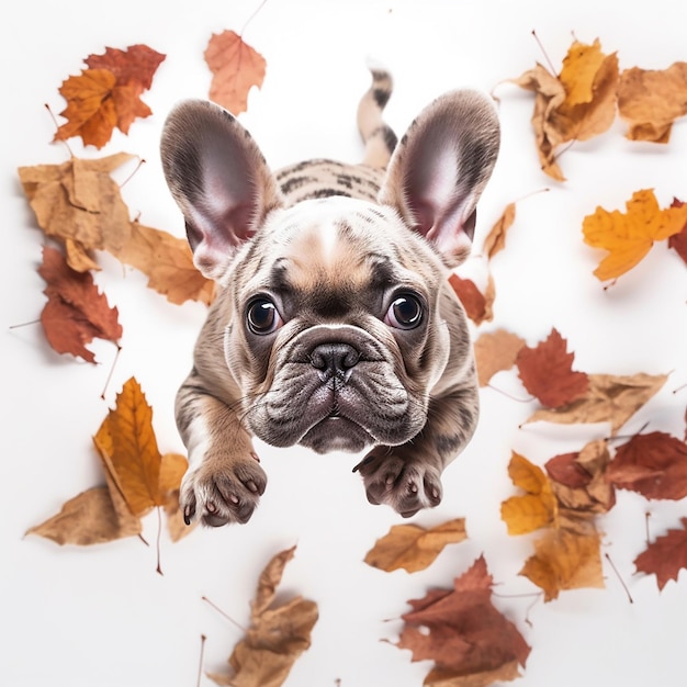 Foto cuccino di bulldog francese su uno sfondo bianco che gioca con le foglie d'autunno