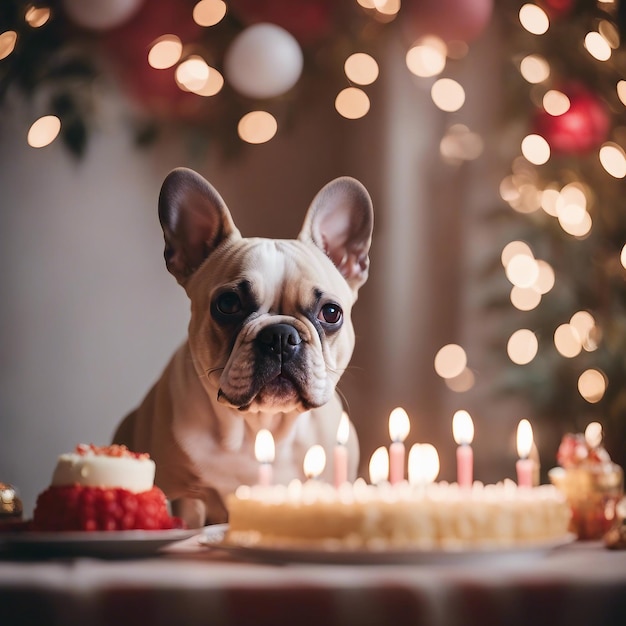 크리스마스 방 에 생일 케이크 와 불 을 가진 프랑스 불도그 강아지