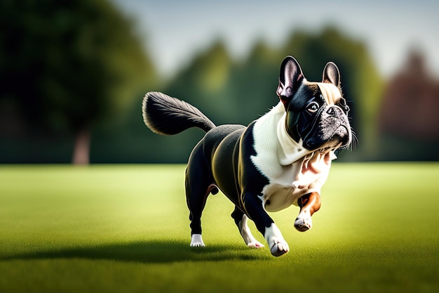 French bulldog running on the lawn