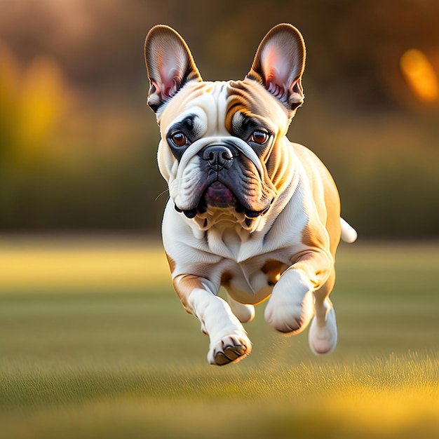 French bulldog running on the lawn