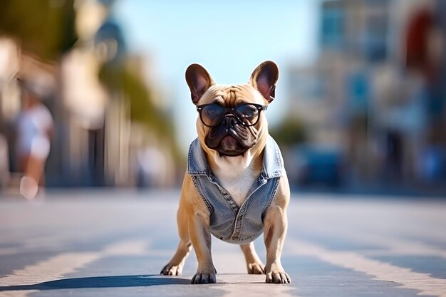Photo french bulldog sightseeing in the city wearing sunglasses generated ai
