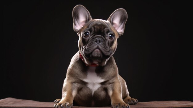 A french bulldog sits on a table in a dark background