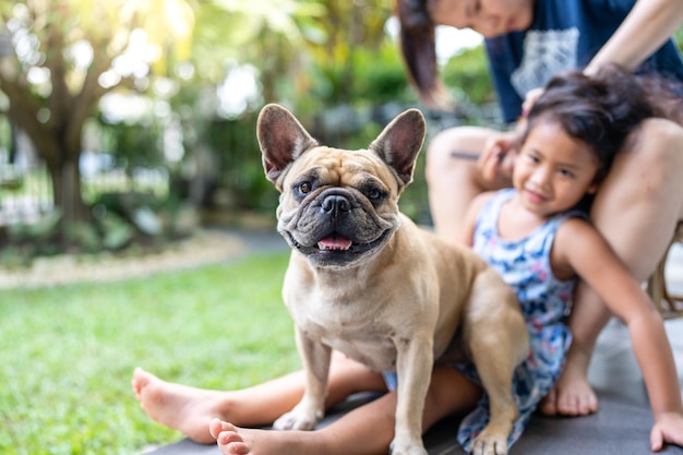 Bulldog francese seduto sulle ginocchia della bambina e sorridente alla telecamera.