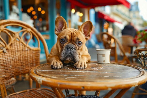 French bulldog sitting at table in cafe