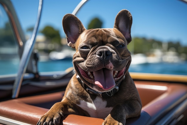 a french bulldog on a speedboat enjoying life and the sun ai generated