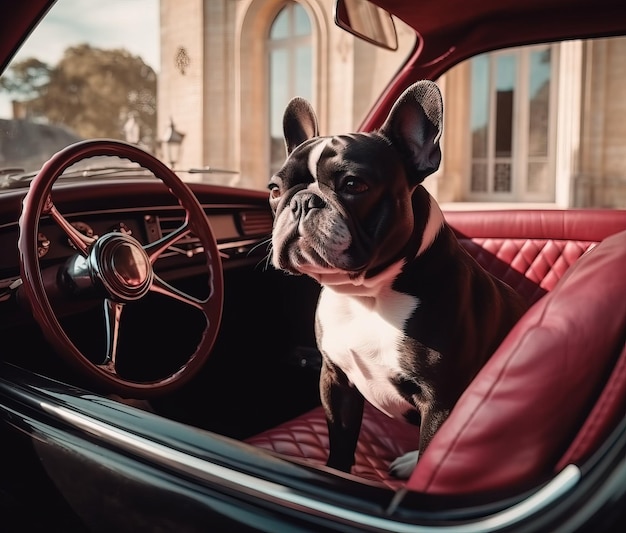 French bulldog in a vintage luxury classic car Generative Ai