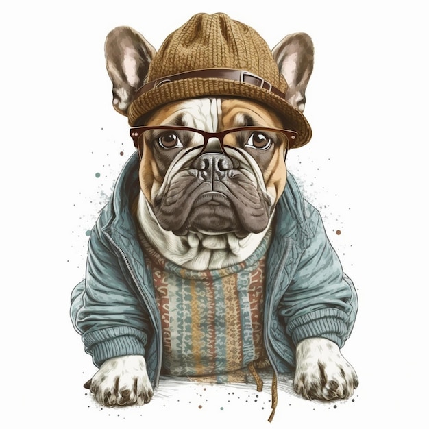 A french bulldog wearing a hat and sweater.