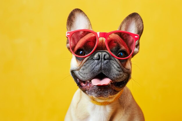 Photo french bulldog wearing red sunglasses on yellow background