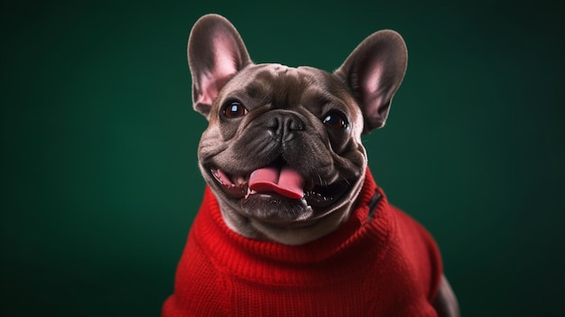 A french bulldog wearing a red sweater with the word french on it.