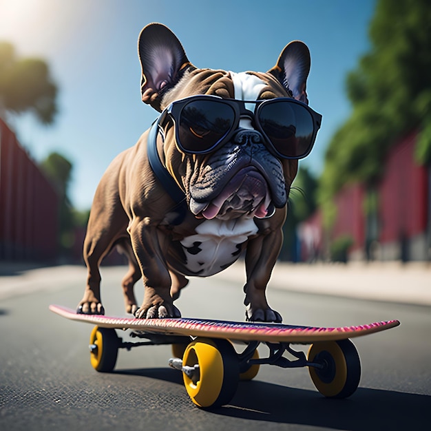 French bulldog wearing sunglasses and riding a skateboard