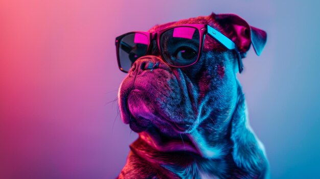 Фото Французский бульдог в солнцезащитных очках под красочным освещением