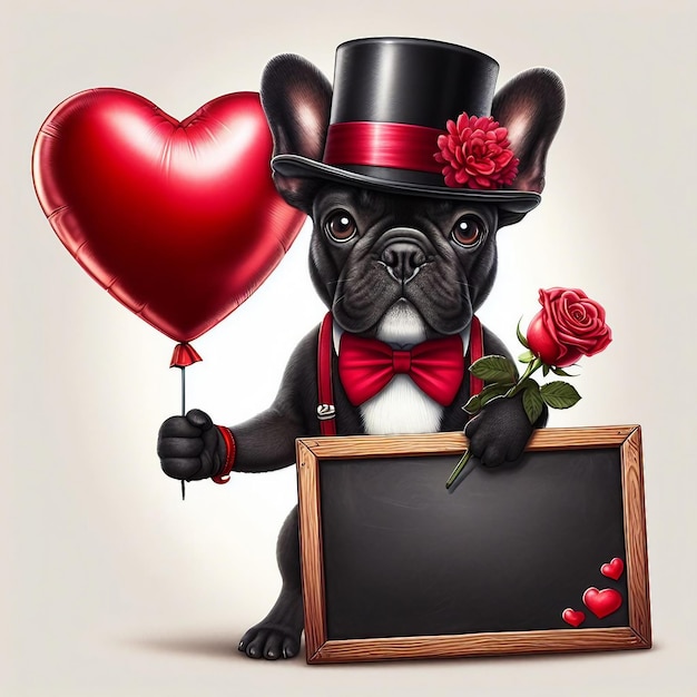 Photo french bulldog with blackboard and red heart shaped balloon and rose