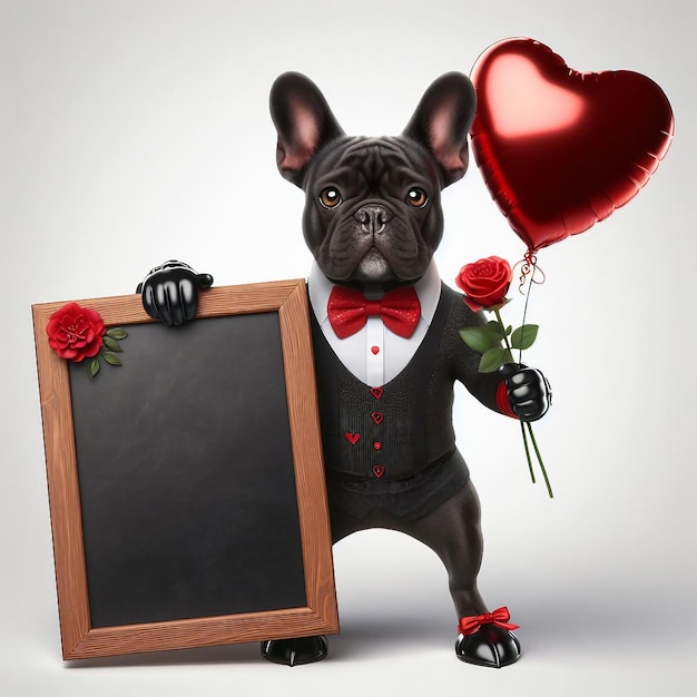 French bulldog with blackboard and red heart shaped balloon valentines day concept