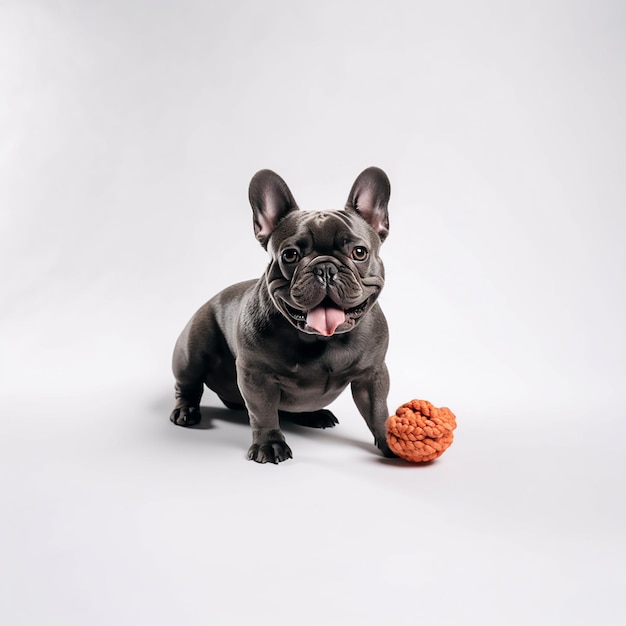 Foto bulldog francese con un giocattolo su uno sfondo bianco