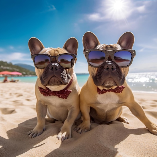 Французские бульдоги делают селфи на пляже в солнцезащитных очках. Веселая и причудливая концепция.