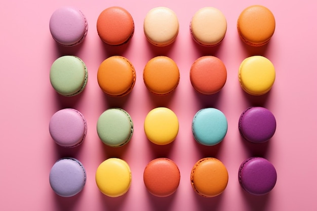 French cake macaron Set of cute sweets on colorful rainbow background almond cookies Generative AI