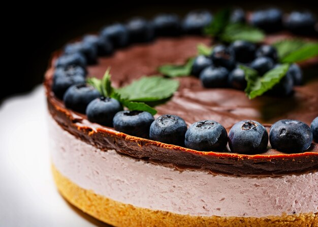 French cake with yogurt cream, chocolate and fresh blueberries fruits