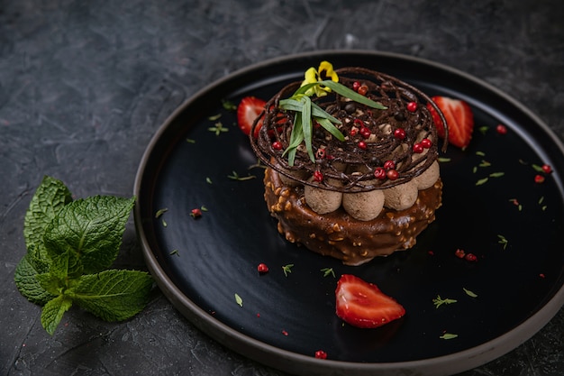 french chocolate dessert laid out on a plate in a top restaurant