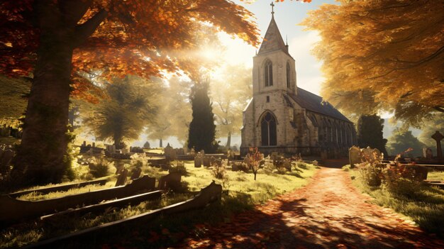 가을 햇살에 프랑스 교회 마당