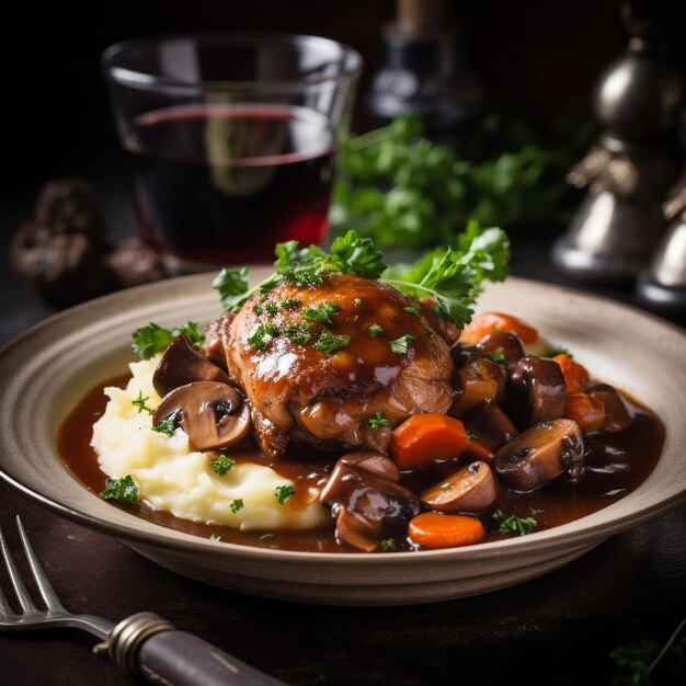 French coq au vin tender chicken in a rich red wine sauce