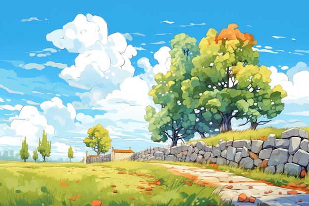 French county landscape with stone walls trees and blue sky magazine style illustration