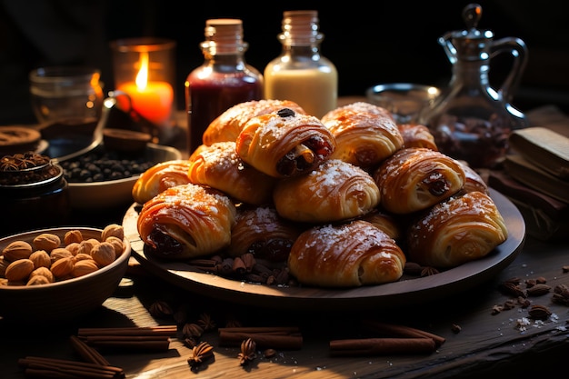 写真 テーブルの上で朝食に用意されたフランスのクロワッサン ベーカリーコンセプト 新鮮なクロワッサン背景