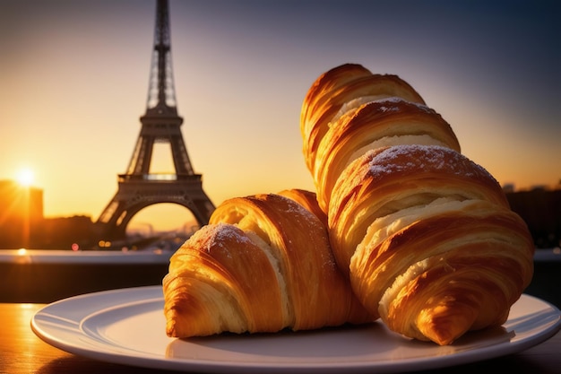 French croissants in a coffee shop with the Eiffel Tower in the background Generative AI