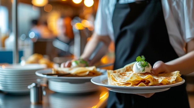 Foto cucina francese crepe con spazio di copia cameriere che serve in movimento in servizio nel ristorante il cameriere porta i piatti