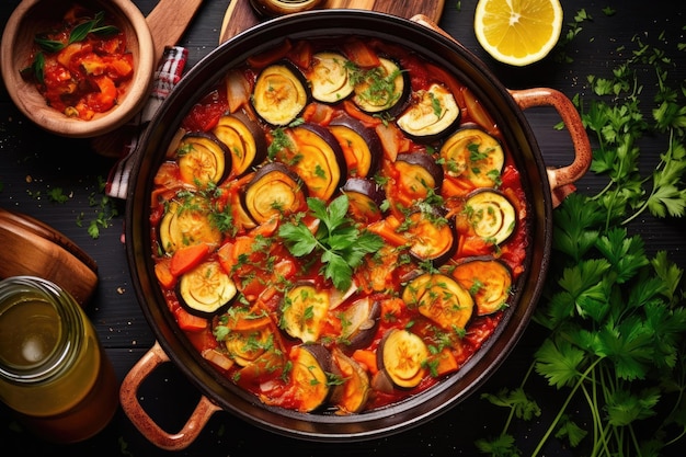 French cuisine Ratatouille vegetable stew of sliced eggplant zucchini onion potato and tomatoes