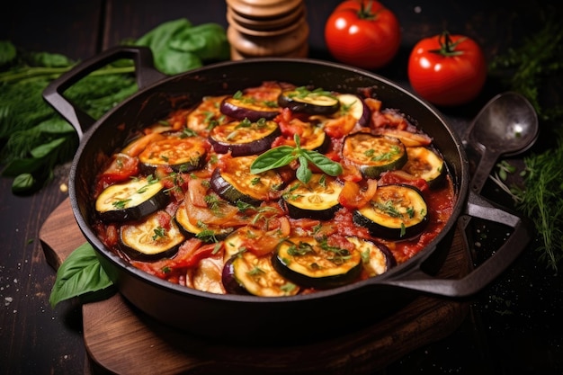 French cuisine Ratatouille vegetable stew of sliced eggplant zucchini onion potato and tomatoes