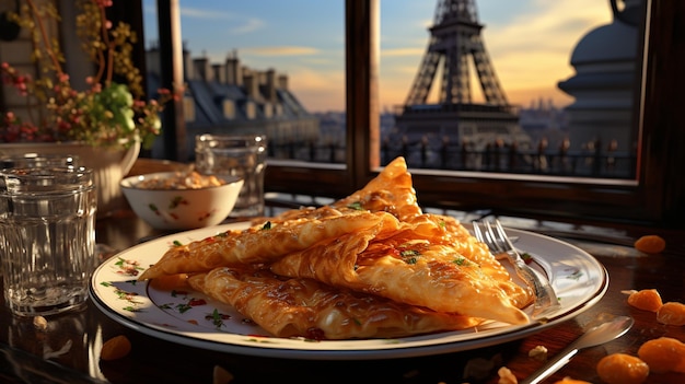 French cuisineFrench omelette with Paris background