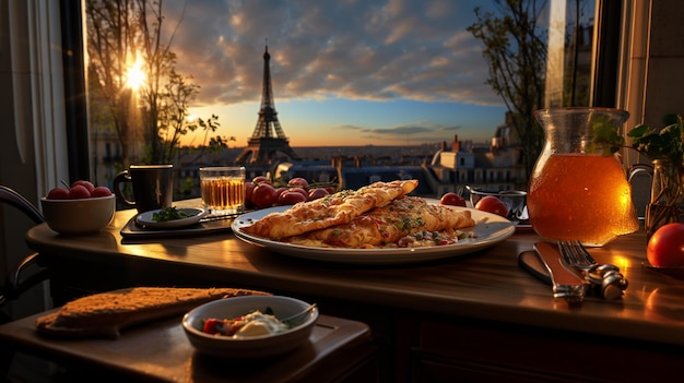写真 フランス料理パリを背景にしたフレンチオムレツ