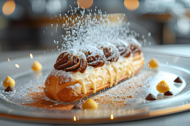 French eclair doused with chocolate on a glass plate
