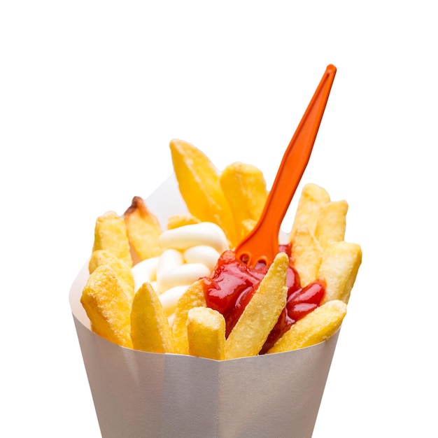 French fries bag with mayonnaise and ketchup