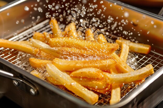 Photo french fries being fried in a fryer