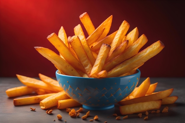 French fries in a bowl on red background Selective focus ai generative