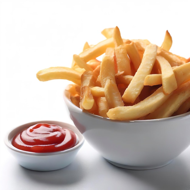 french fries in bowl with ketchup sauce on white background