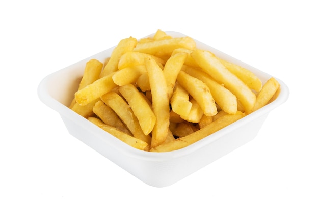 Photo french fries in a cardboard disposable plate isolated