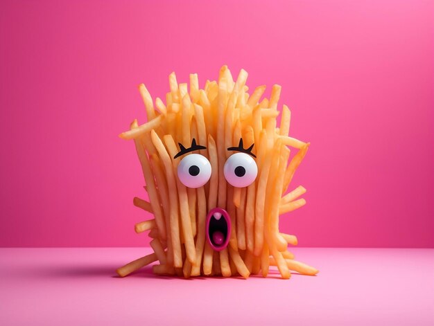 French fries cartoon character with very bright eyes on the pink background