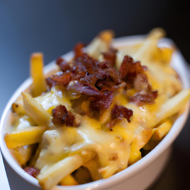 French fries and cheese with bacon on top in a white bowl