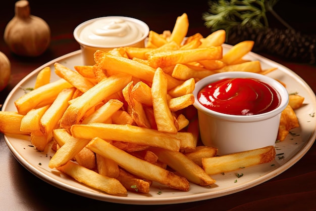 French fries or chips with sour cream and ketchup