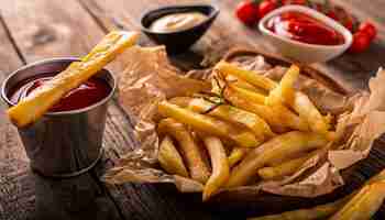 Photo french fries cut into sticks on rustic table