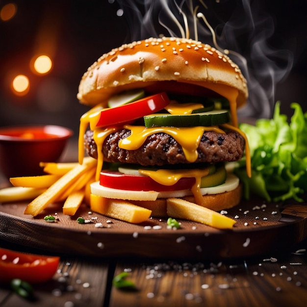 A french fries and delicious veg burger combo in plate on big thick wooden part smoky background