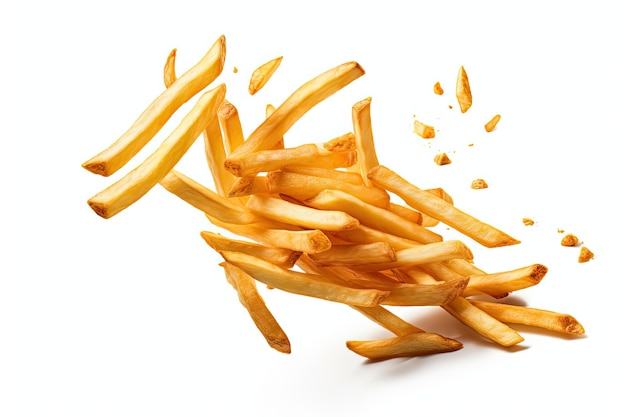 French fries falling isolated white background clipping path depth of field