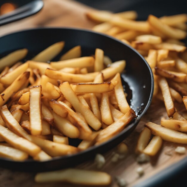 French fries fly top in the frying pan with oil