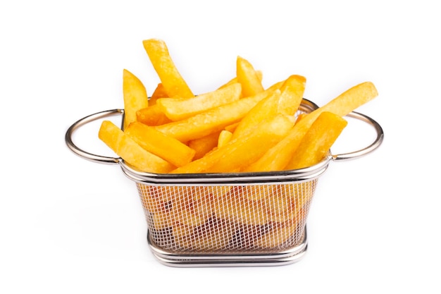 French fries, fried potatoes on white background