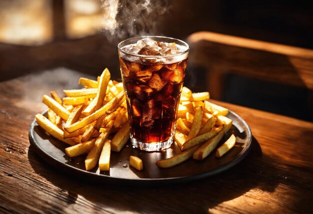 French fries and a glass of cola with ice pieces