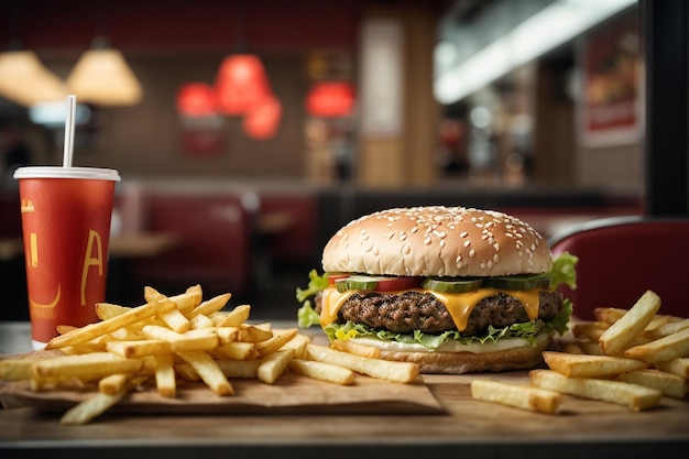 french fries and hamburger in fast food restaurant